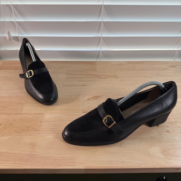 Salvatore Ferragamo Shoes - Salvatore Ferragamo Loafers Women's Black Leather Slip On Block Heel Buckle - 10